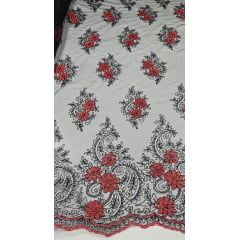 Tule Bordado Europa com Fio Metálico Vermelho e Preto I08 - Comprimento 1 m x Largura 1,30 m 