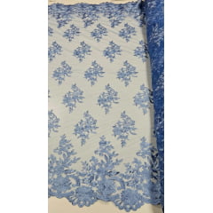 Tule Bordado com Bico Azul Jeans  13  - Comprimento 1 m x Largura 1,30 m 