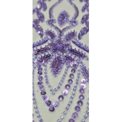 Tule Bordado com Pedrarias Lilás 4079  - Comprimento 0,80 cm x Largura 1,30 m 