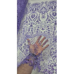Tule Bordado com Pedrarias Lilás 4079  - Comprimento 0,80 cm x Largura 1,30 m 