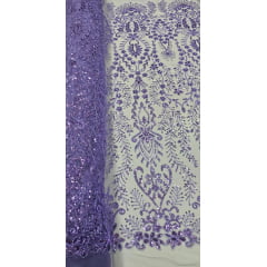 Tule Bordado com Pedrarias Lilás 4079  - Comprimento 0,80 cm x Largura 1,30 m 