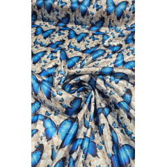 Cetim Estampado Digital Pérolas e Borboletas Azul  COM FALHA- Comprimento 1,40 m x Largura 1,47 m