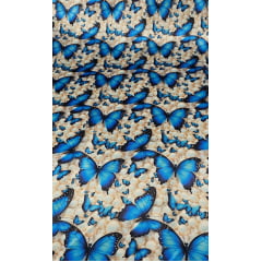 Cetim Estampado Digital Pérolas e Borboletas Azul  COM FALHA- Comprimento 1,40 m x Largura 1,47 m
