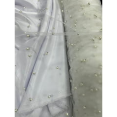 Tule Iluzione com Pérolas Off White - Comprimento 0,90 cm x Largura 1,60 m