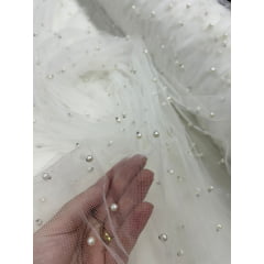 Tule Iluzione com Pérolas Off White - Comprimento 0,90 cm x Largura 1,60 m