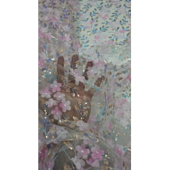 Tule Bordado 3D com Paetês Holográficos Rosa Bebê - Comprimento 1 m x Largura 1,30 m 