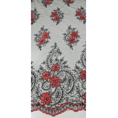 Tule Bordado Europa com Fio Metálico Vermelho e Preto I08 - Comprimento 0,95 CM x Largura 1,30 m  