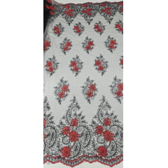 Tule Bordado Europa com Fio Metálico Vermelho e Preto I08 - Comprimento 0,95 CM x Largura 1,30 m  