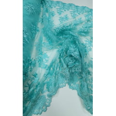 Tule Bordado com Bico Verde Tiffany 13 - Comprimento 4,30 m x Largura 1,30 m 
