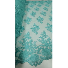 Tule Bordado com Bico Verde Tiffany 13 - Comprimento 4,30 m x Largura 1,30 m 