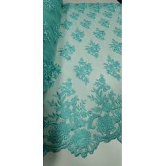 Tule Bordado com Bico Verde Tiffany 13 - Comprimento 4,30 m x Largura 1,30 m 