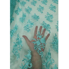 Tule Bordado com Bico Verde Tiffany 13 - Comprimento 4,30 m x Largura 1,30 m 