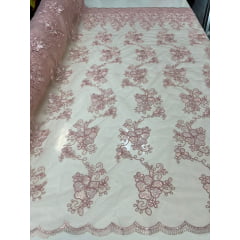 Tule Bordado Europa com Soutache  Rosa Bebê Com Bico Apenas de 1 Lado - Comprimento 4 m x Largura 1,40 m