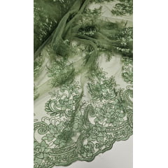 Tule Bordado Europa com Soutache Verde Malva Milão - Comprimento 1 m x Largura 1,35 m