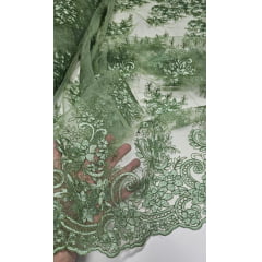 Tule Bordado Europa com Soutache Verde Malva Milão - Comprimento 1 m x Largura 1,35 m