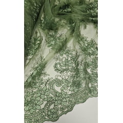 Tule Bordado Europa com Soutache Verde Malva Milão - Comprimento 1 m x Largura 1,35 m