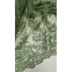 Tule Bordado Europa com Soutache Verde Malva Milão - Comprimento 1 m x Largura 1,35 m