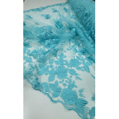 Tule Bordado 3D Verde Tiffany Modelo FA17 - Comprimento 2,70 m x Largura 1,40 m 