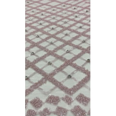 Tule Bordado com Pedrarias Premium Rosa Bebê - Comprimento 0,80 cm x Largura 1,35 m