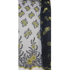 Tule Bordado com Fio Metálico Bicolor Amarelo com Preto 149A - Comprimento 1 m x Largura 1,30
