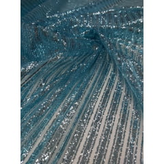 Tule com Glitter Listrado Diagonal Azul Piscina - Largura 1,47 m x Comprimento 3,40 m 