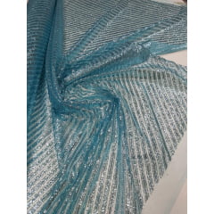 Tule com Glitter Listrado Diagonal Azul Piscina - Largura 1,47 m x Comprimento 3,40 m 