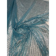 Tule com Glitter Listrado Diagonal Azul Piscina - Largura 1,47 m x Comprimento 3,40 m 