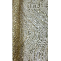 Tule Bordado com Glitter  e Paetê Dourado Wave P224  - Comprimento 1 m x Largura 1,45 m 