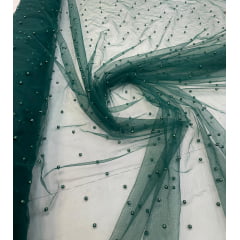 Tule Iluzione com Pérolas Verde Floresta COM FALHA - Comprimento 2,50 m x Largura 1,60 m  