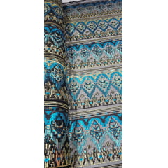 Tule com Paetê Bordado Étnico Azul Turquesa e Dourado - Comprimento 0,95 cm x Largura 1,35 m