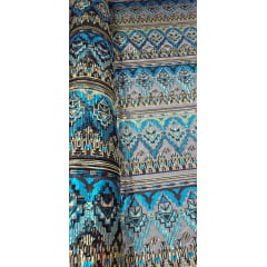 Tule com Paetê Bordado Étnico Azul Turquesa e Dourado - Comprimento 0,95 cm x Largura 1,35 m