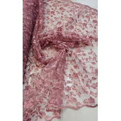 Tule Bordado Festa Rosê - Comprimento 0,70 cm x Largura 1,30 m 