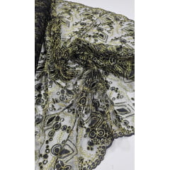 Tule Bordado Europa Preto com Fio Metálico Dourado MCT - Comprimento 2,35 m x Largura 1,30 m 