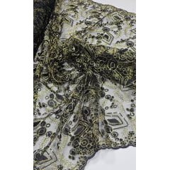 Tule Bordado Europa Preto com Fio Metálico Dourado MCT - Comprimento 2,35 m x Largura 1,30 m 