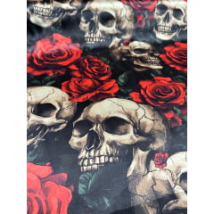 Cetim Estampado Digital Caveiras com Rosas Vermelhas  - Comprimento 1,45 m x Largura 1,47