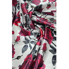 Cetim Estampado Digital Fundo Branco Rosas Vermelhas  COM FALHA- Comprimento 1,30 x Largura 1,47 m 
