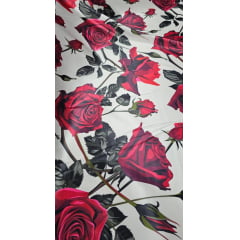 Cetim Estampado Digital Fundo Branco Rosas Vermelhas  COM FALHA- Comprimento 1,30 x Largura 1,47 m 