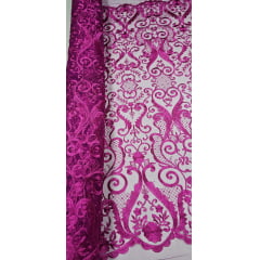 Tule Bordado Arabescos com Bico LS2321 FÚCSIA - Comprimento 1 m x Largura 1,30 m  