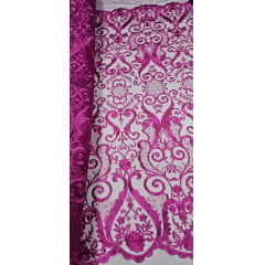 Tule Bordado Arabescos com Bico LS2321 FÚCSIA - Comprimento 1 m x Largura 1,30 m  