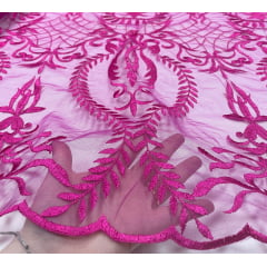 Tule Bordado Arabescos Pink - Comprimento 1 m x Largura 1,30 m 