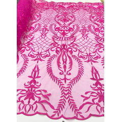 Tule Bordado Arabescos Pink - Comprimento 1 m x Largura 1,30 m 
