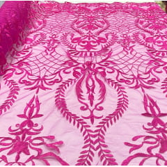 Tule Bordado Arabescos Pink - Comprimento 1 m x Largura 1,30 m 
