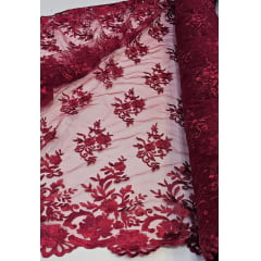 Tule Bordado com Bico Marsala 13 - Comprimento 1 m x Largura 1,35 m 