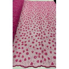 Tule Bordado 3D Floral Pink com Paetês Transparentes - Comprimento 1 m x Largura 1,30 m 