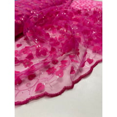 Tule Bordado 3D Floral Pink com Paetês Transparentes - Comprimento 1 m x Largura 1,30 m 