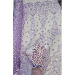 Tule Bordado Arabescos com Bico Lilás ST500   - Comprimento 1 m x Largura 1,30 m 