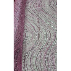 Tule Bordado com Glitter  e Paetê Rosa Bebê  Wave P224   - Comprimento 2 m x Largura 1,45 m