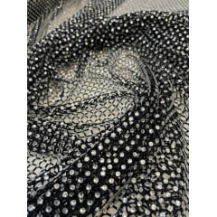 Tela Arrastão Preto com Pedrarias Prata - Comprimento 0,90 cm x Largura 1,30 m 
