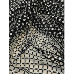 Tela Arrastão Preto com Pedrarias Prata - Comprimento 0,90 cm x Largura 1,30 m 