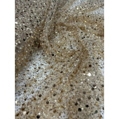 Tule Bordado com Paetês e Pedrarias Dourado - Comprimento 0,70  cm x Largura 1,30 m  
